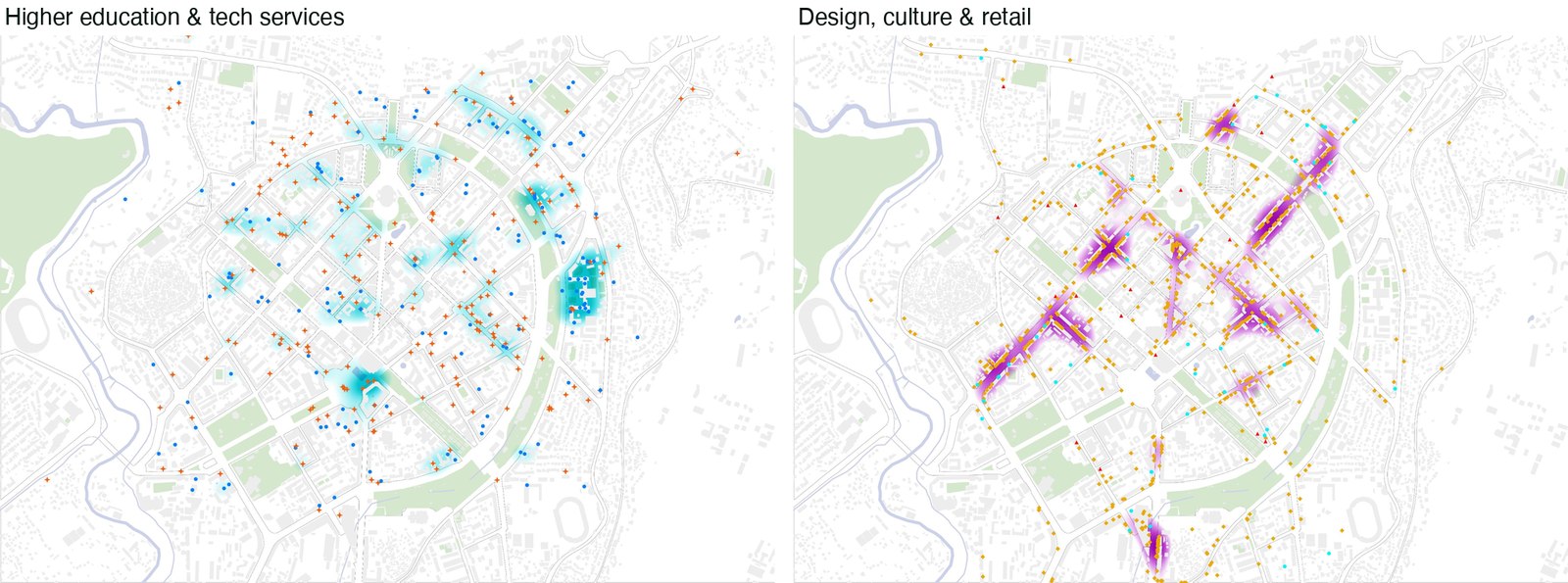 The same method cut by theme: higher education and tech services (left) against design, culture, and retail (right). Each concentrates in a different part of the city.