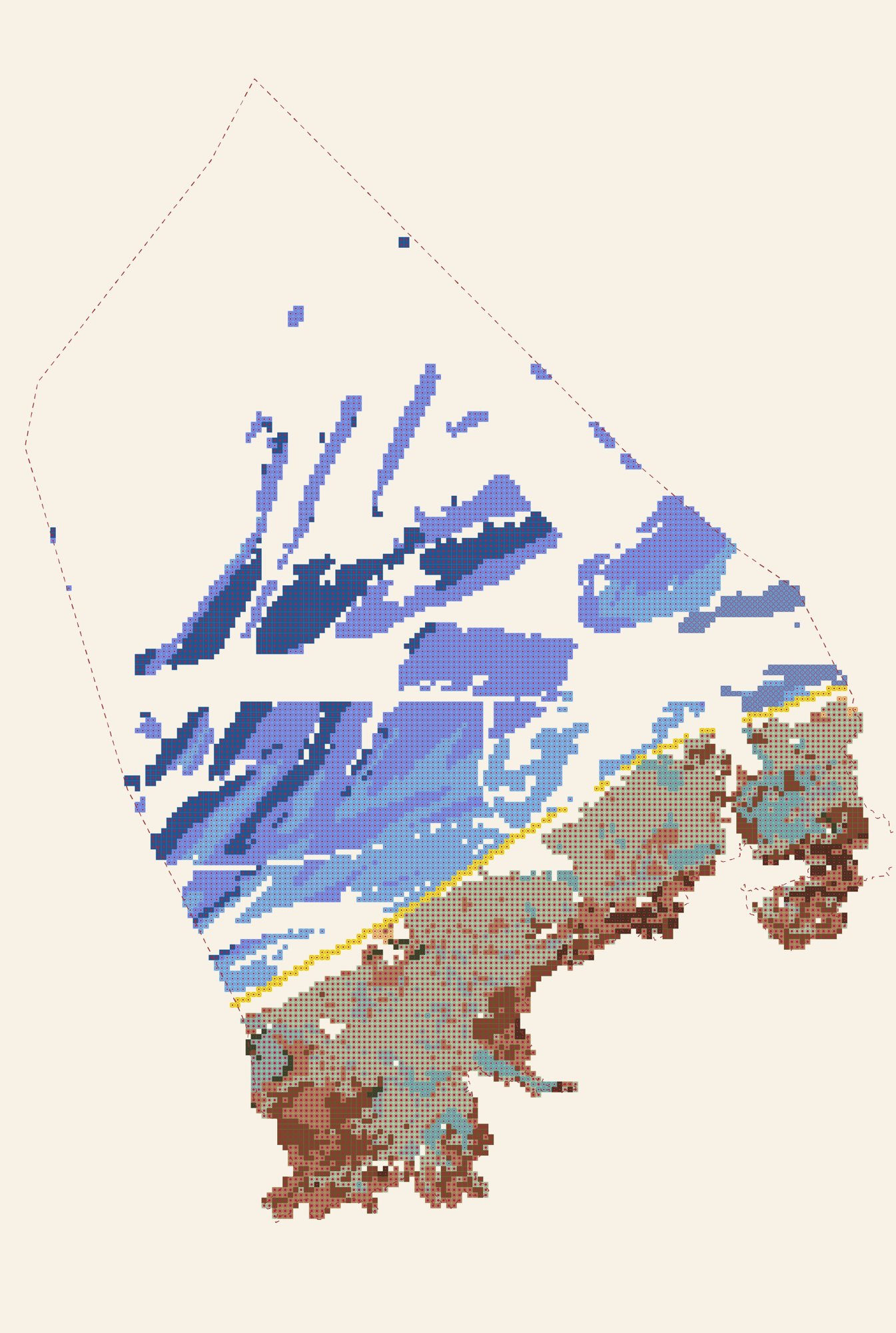 The fourteen building blocks placed across the whole coast: every cell takes the intervention that sequesters most there, the marine blocks offshore giving way to agricultural ones inland. Graphics: Caterina Dubini.