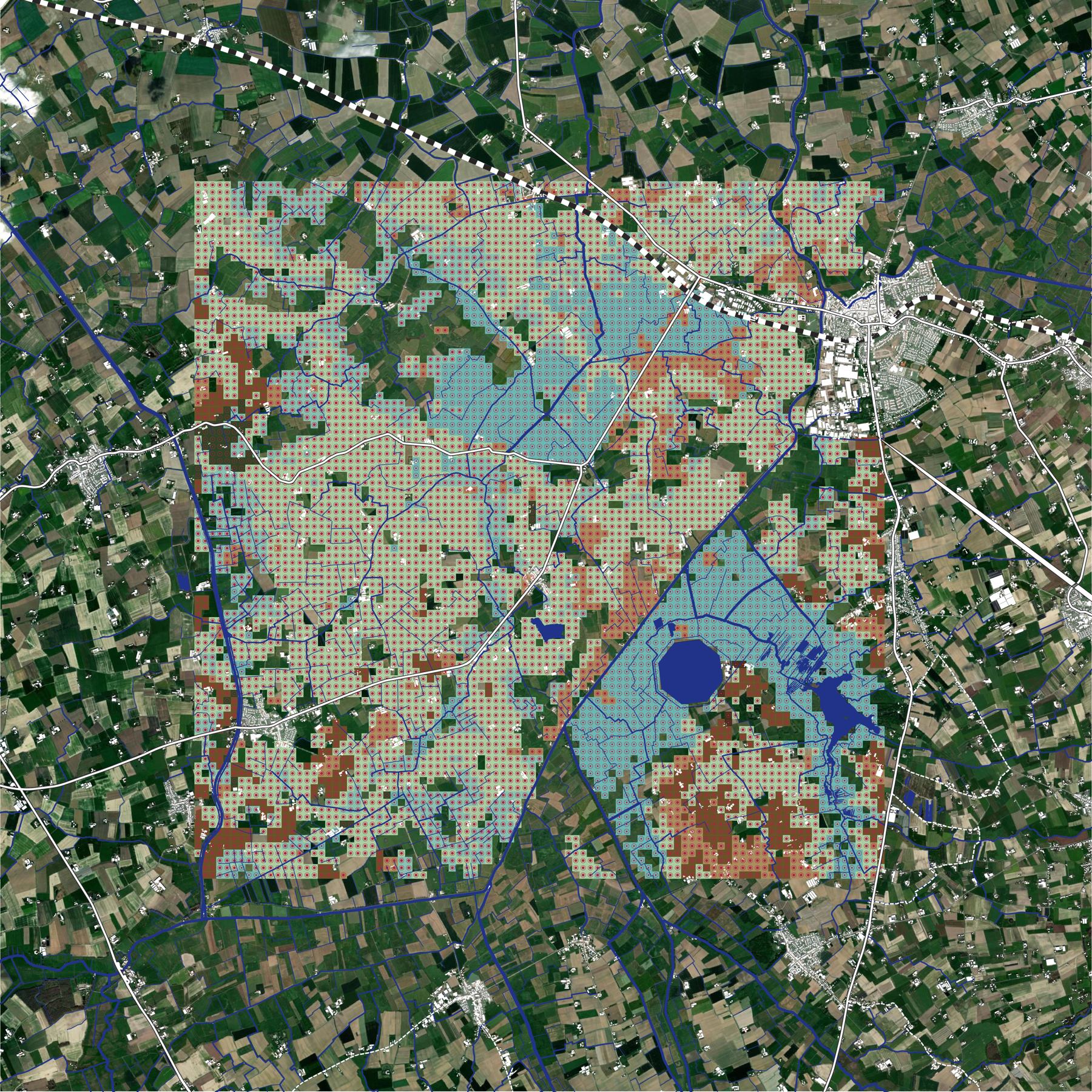 The method on the ground: the 10-metre grid over the Ijzervallei, each cell taking the best-performing intervention for that pixel. Graphics: Caterina Dubini.