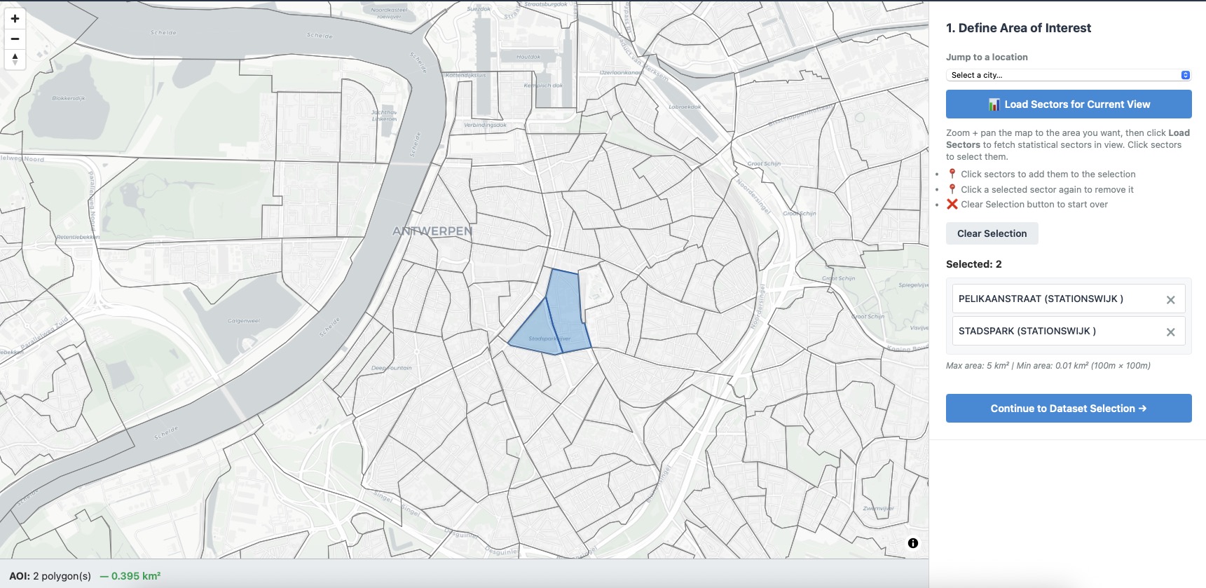 Defining the study area by selecting the official census sectors under the map.