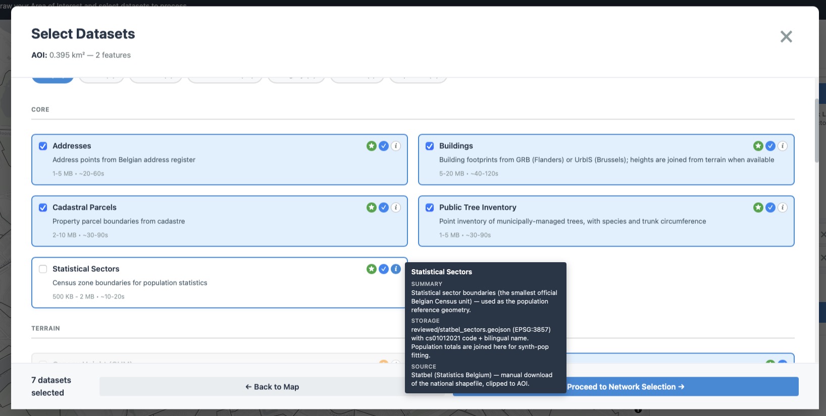 Choosing datasets, each card showing its size, fetch time and provenance up front.