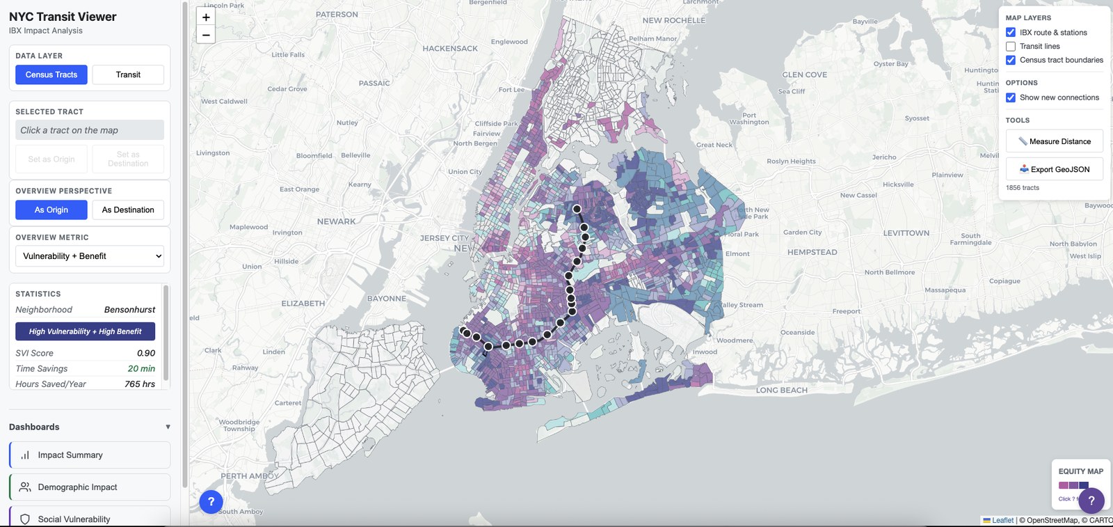 The equity map: each tract shaded by social vulnerability against the travel-time it gains from IBX, the test being whether benefit reaches the communities that need it most.