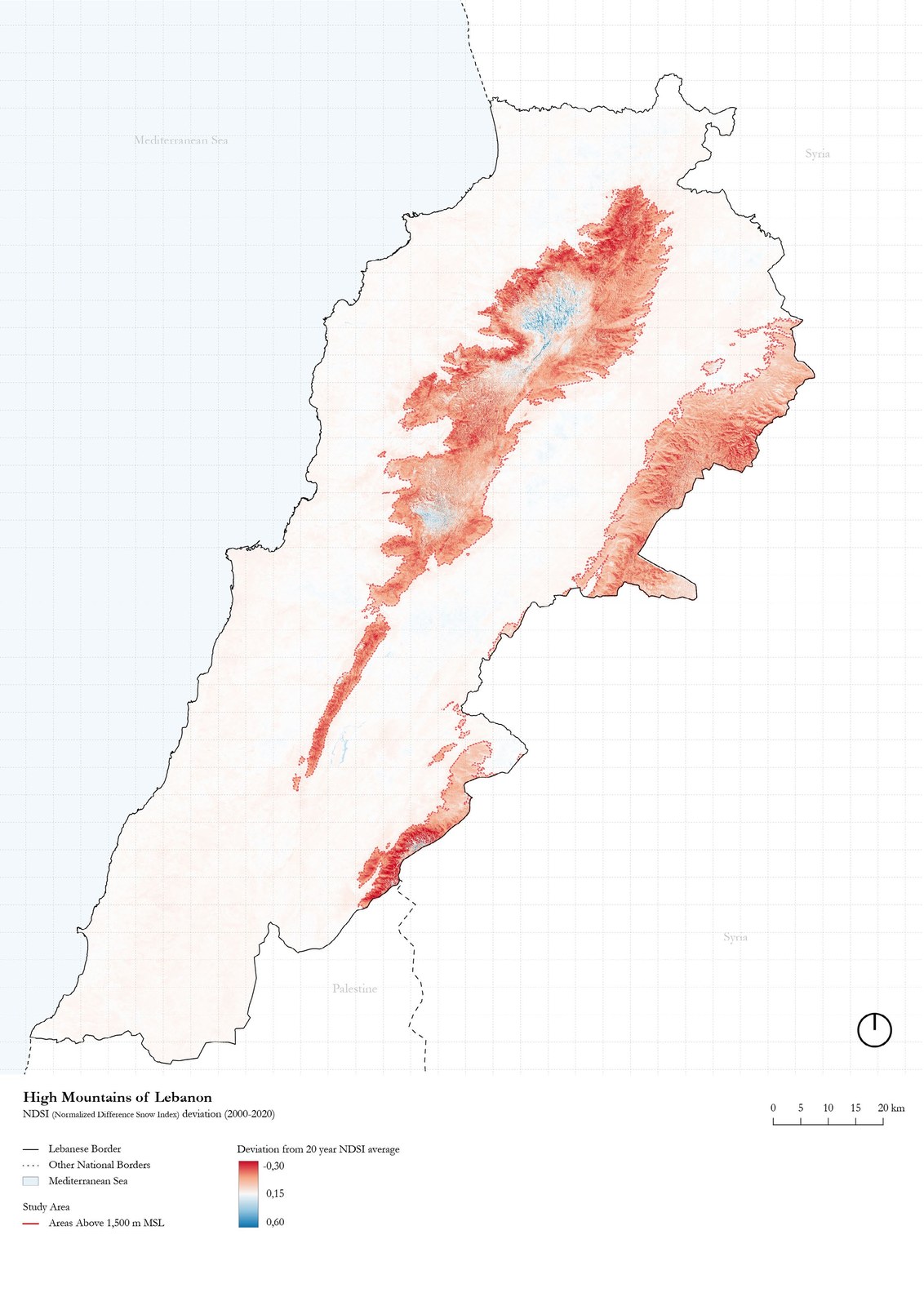 Departure from average snow cover (NDSI) in the High Mountains. Red marks snow loss, concentrated along the same spine that is greening.