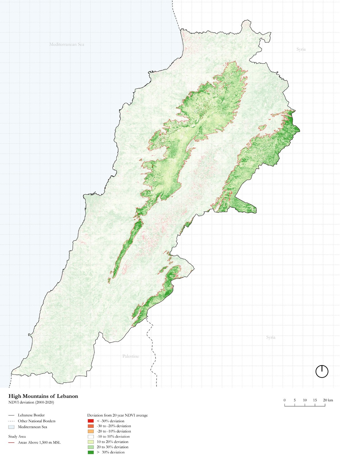NDVI deviation from the 2000–2020 average across Lebanon. Green marks vegetation gain, red degradation; the strongest greening runs along the high-mountain spine.