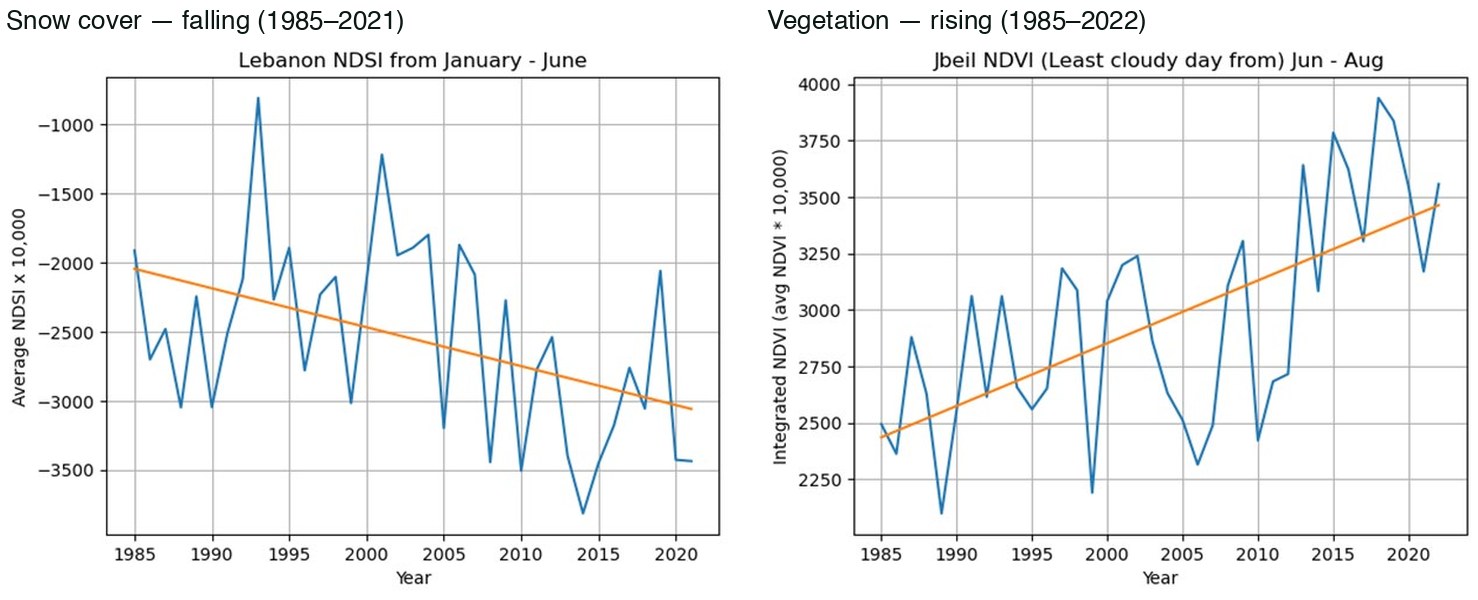 Snow cover (NDSI) falling and vegetation (NDVI) rising over the same period: the inverse trends that framed the question.