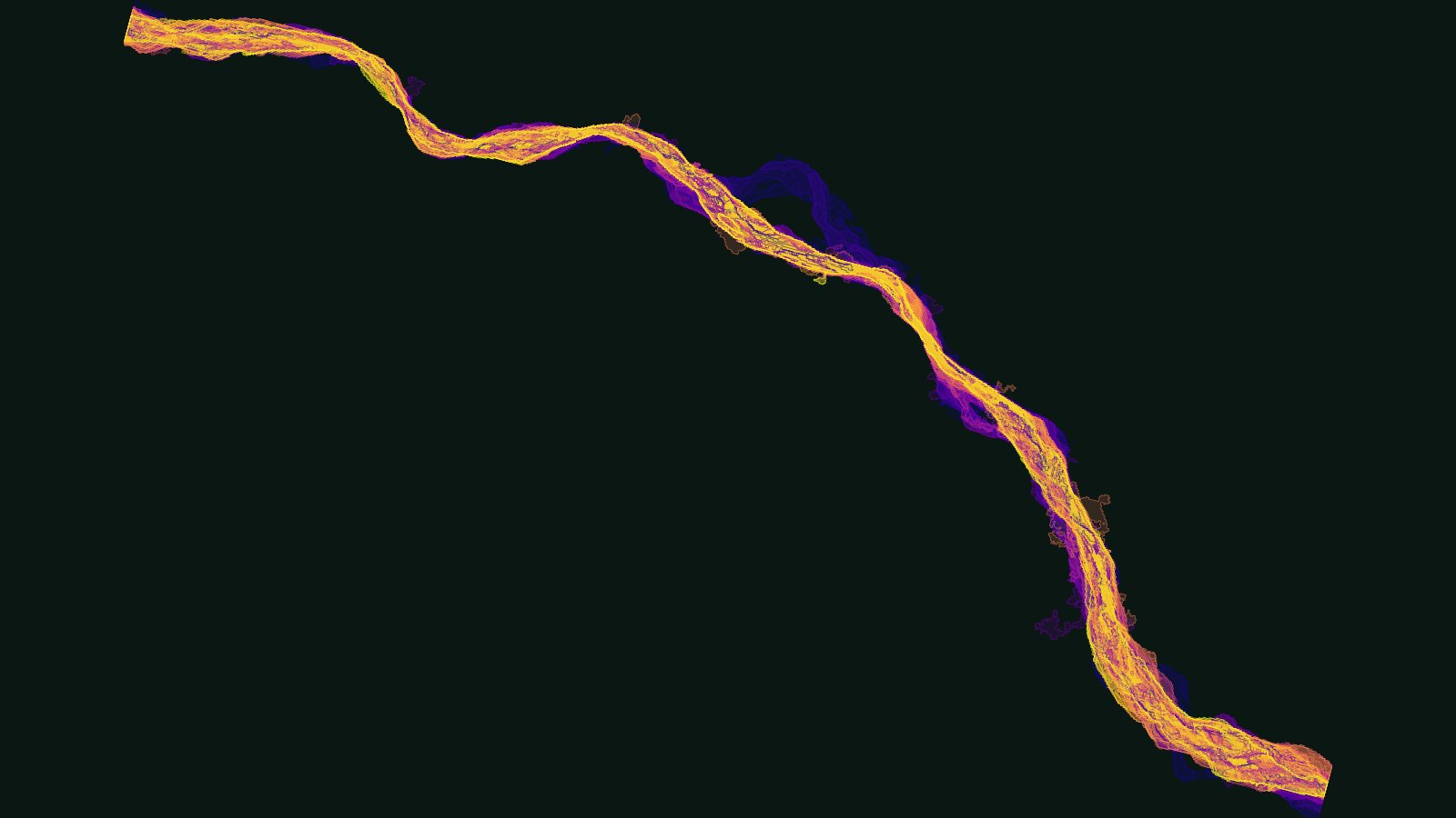 Thirty-nine years of the Río Piraí in a single frame: every year's channel from 1985 to 2023, showing a river that braids, migrates, and shrinks.