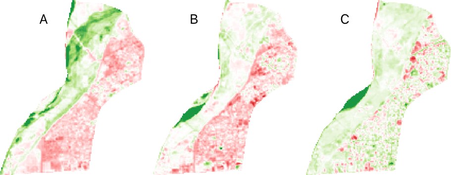 Per-pixel NDVI change between decades, 1985–2023. Green marks vegetation gain, red marks loss; the strongest greening traces the river's abandoned channels.