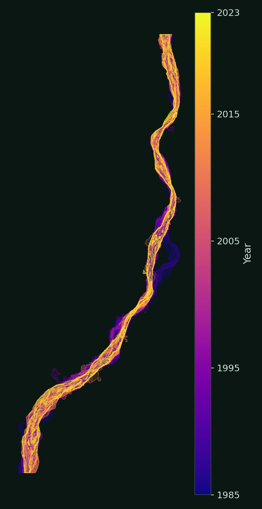 Every year of the Río Piraí channel from 1985 (deep purple) to 2023 (yellow), overlaid. The river braids and migrates across its floodplain while its wetted area steadily contracts.